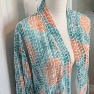 Boho Kimono Sheer Eyelet open-front  coverup aqua & peach cottagecore.